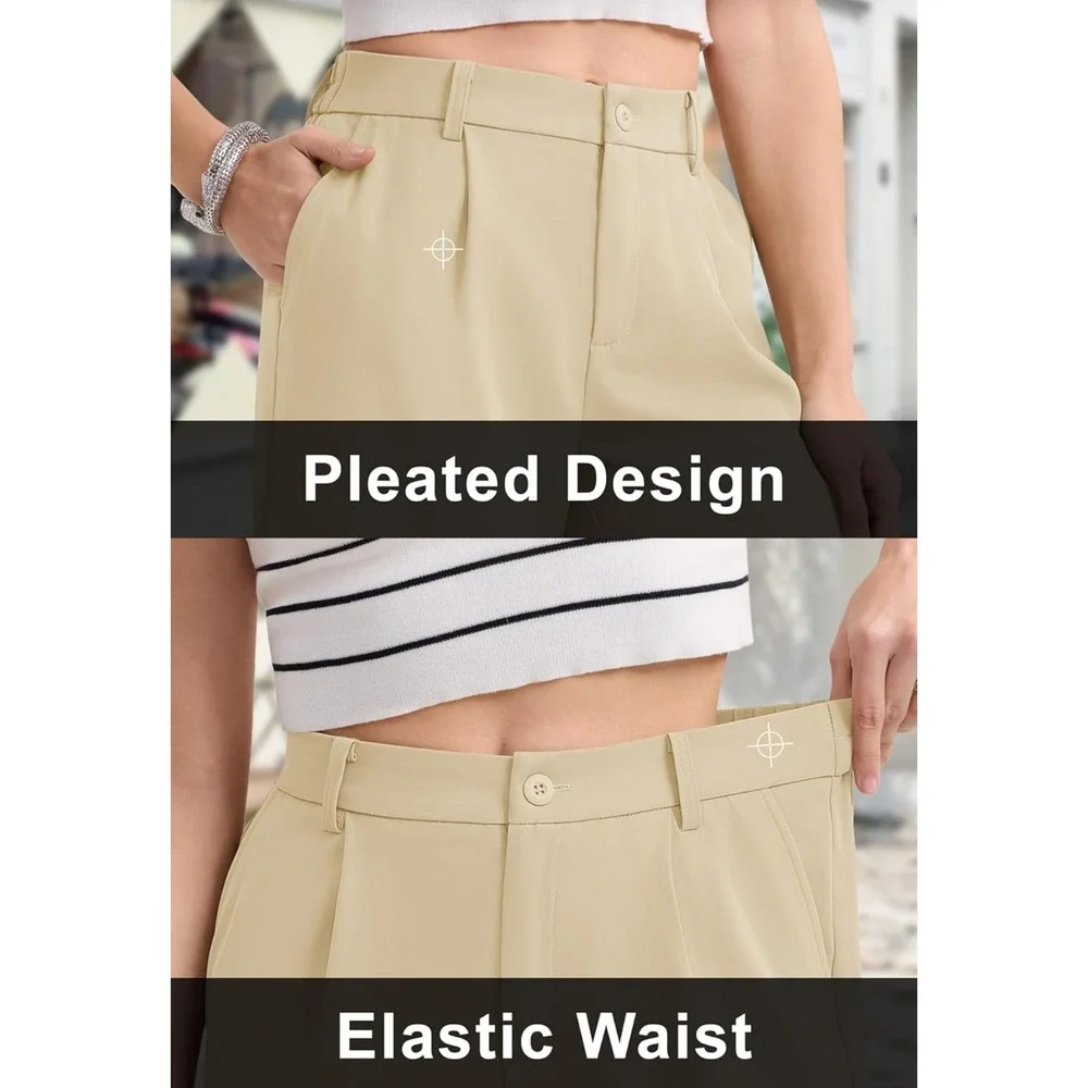 Magcomsen‎ Womens Beige High Waisted Pleated Wide Leg Dress Shorts Size 2XL NWT